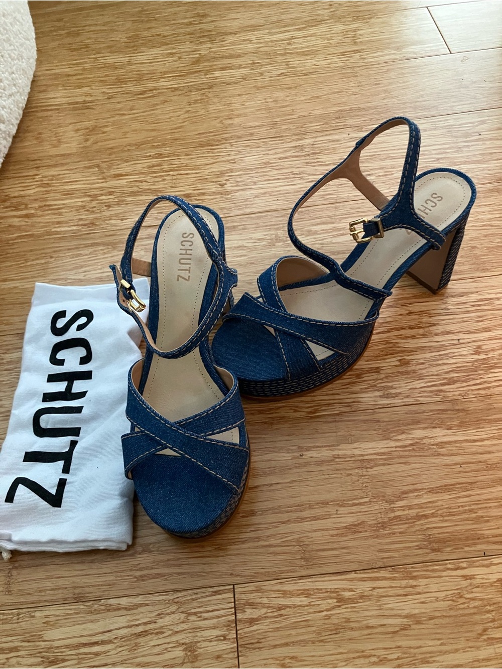 Dark denim Schutz platform strappy high heel sandal with contrast stitch